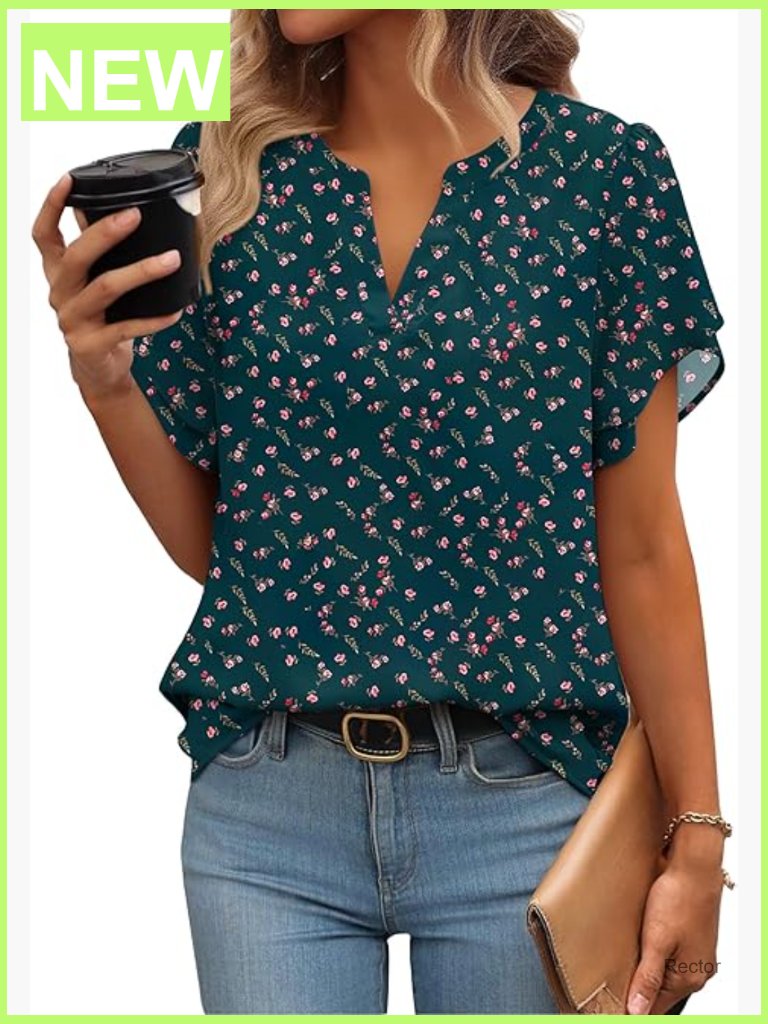 Lightweight Polyester Crepe Blouse, Petal Sleeves, V-Neck, Business Casual